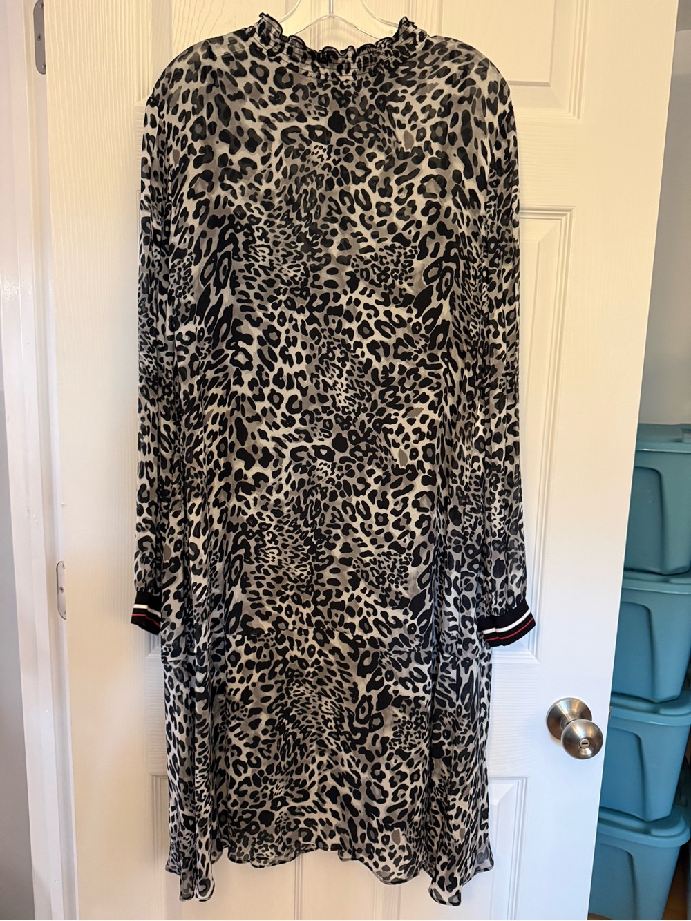 Marc Cain Leopard-Print Long Sleeve Shift Dress in Black and Cream